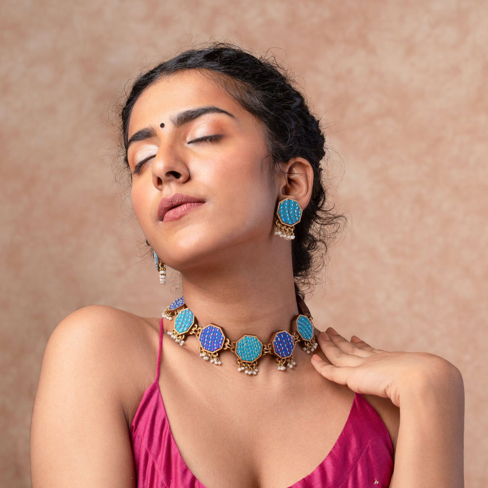 Turquoise Kantha Repurposed Silk Fabric and Wood Studs
