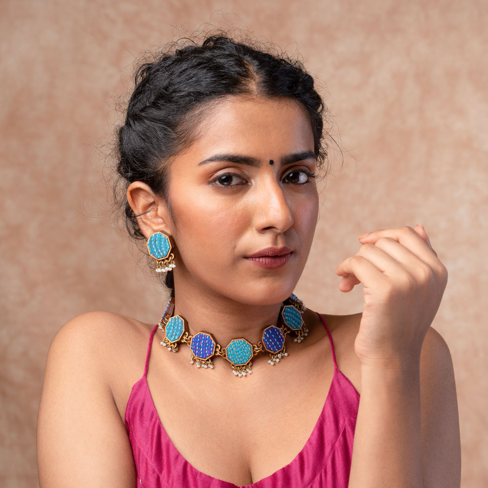 Turquoise Kantha Repurposed Silk Fabric and Wood Studs