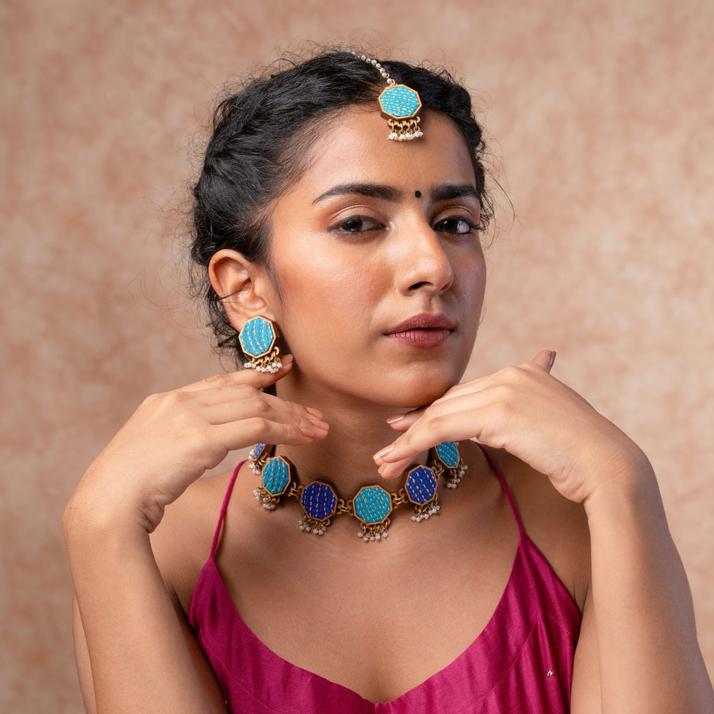Turquoise Kantha Repurposed Silk Fabric and Wood Studs