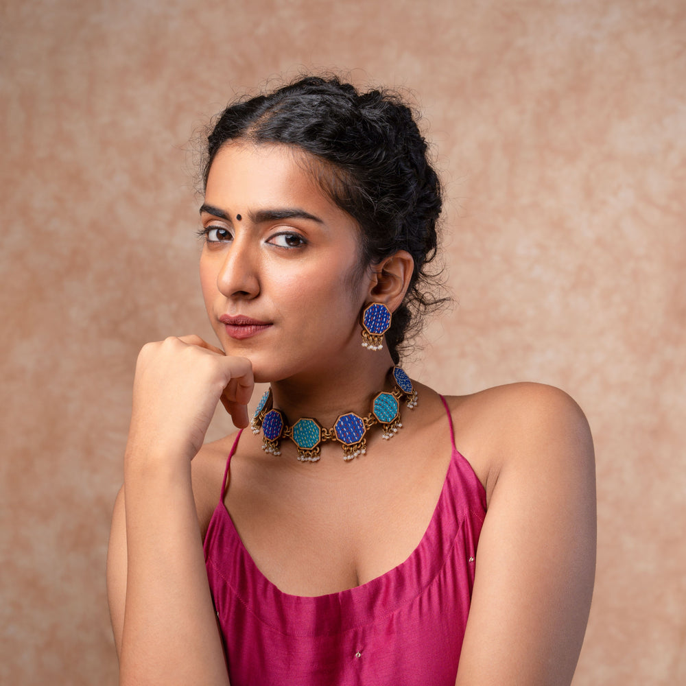 Blue Kantha Repurposed Silk Fabric and Wood Studs