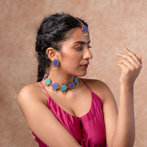Blue Kantha Repurposed Silk Fabric and Wood Studs