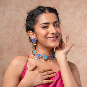Blue Kantha Repurposed Silk Fabric and Wood Studs