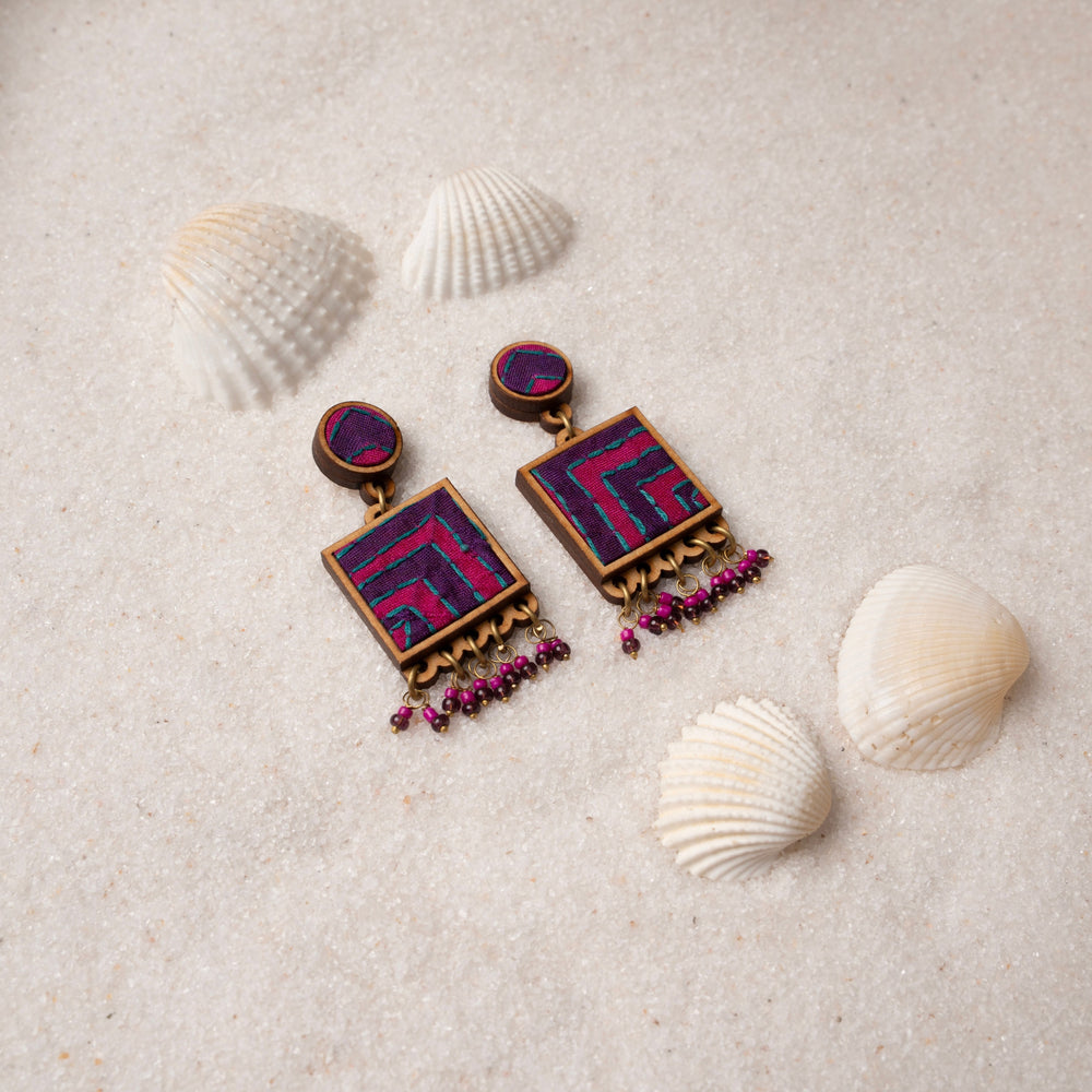 Pink Purple Kantha Repurposed Silk Fabric and Wood  Earrings
