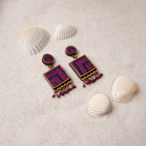 Pink Purple Kantha Repurposed Silk Fabric and Wood  Earrings