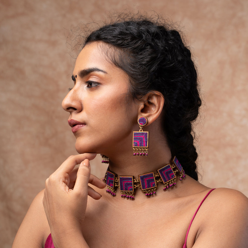 Pink Purple Kantha Repurposed Silk Fabric and Wood  Earrings