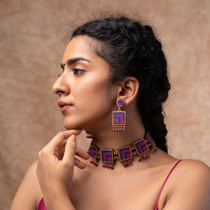 Pink Purple Kantha Repurposed Silk Fabric and Wood  Earrings