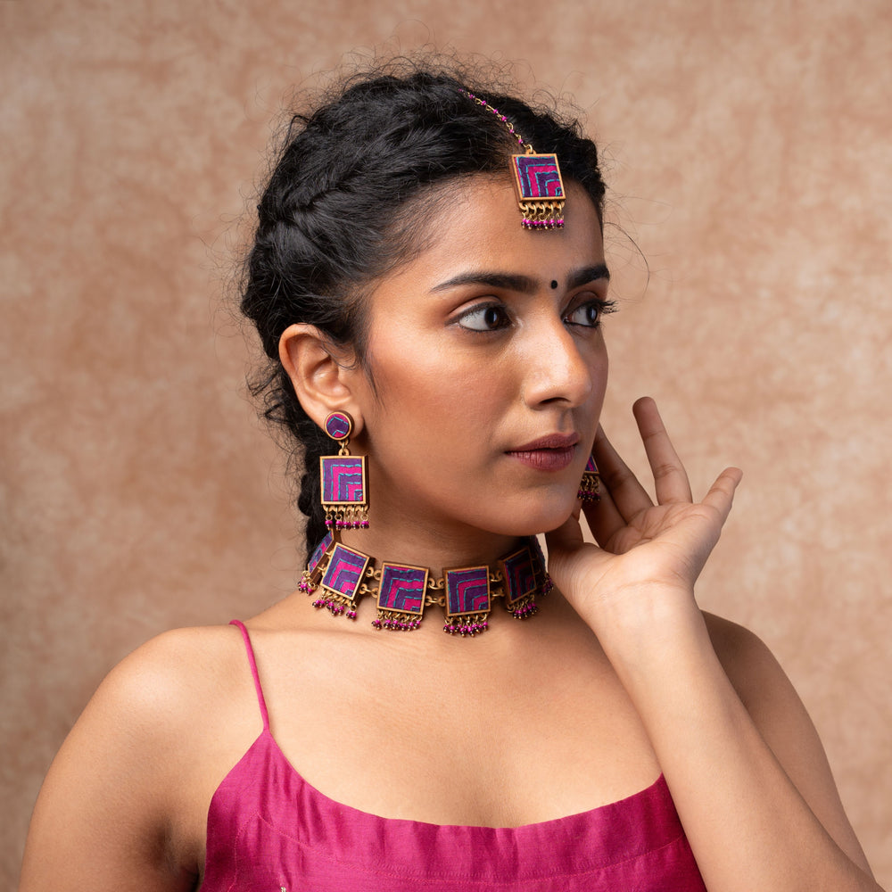 Pink Purple Kantha Repurposed Silk Fabric and Wood  Earrings