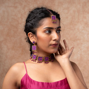 Pink Purple Kantha Repurposed Silk Fabric and Wood  Earrings