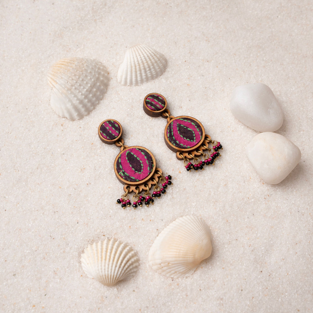 Multicolor Kantha Silk Fabric and Repurposed Wood Earrings