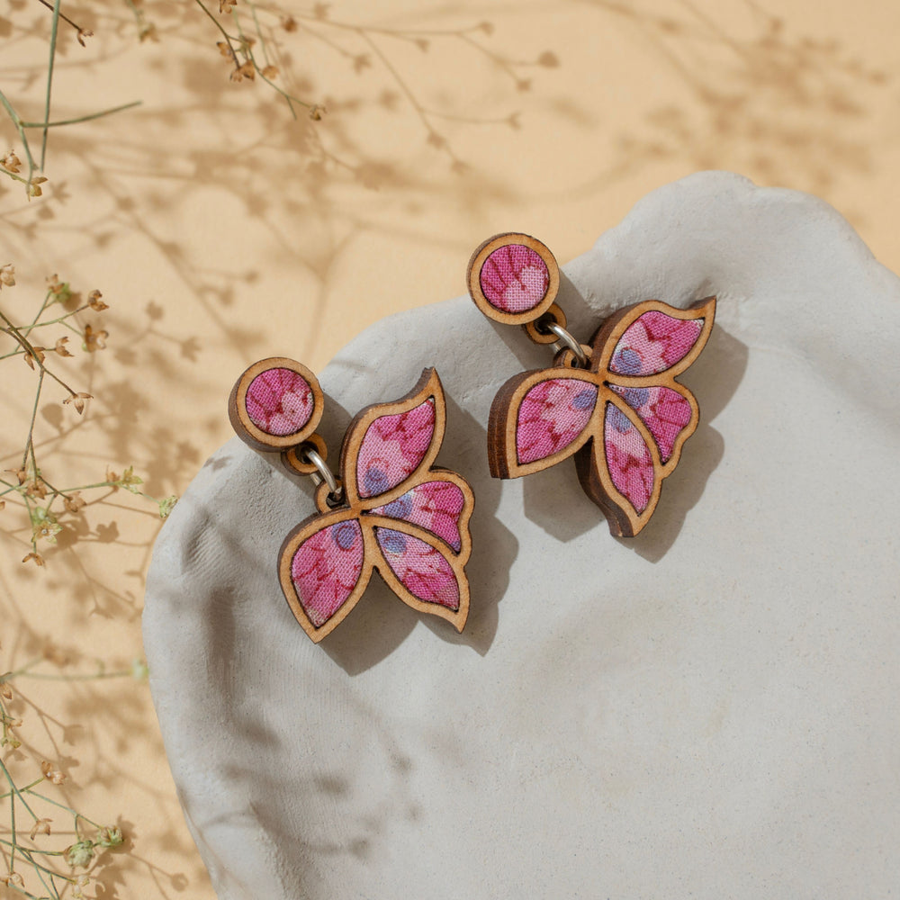 Pink Bloom Repurposed Fabric and Wood Leaf Earrings