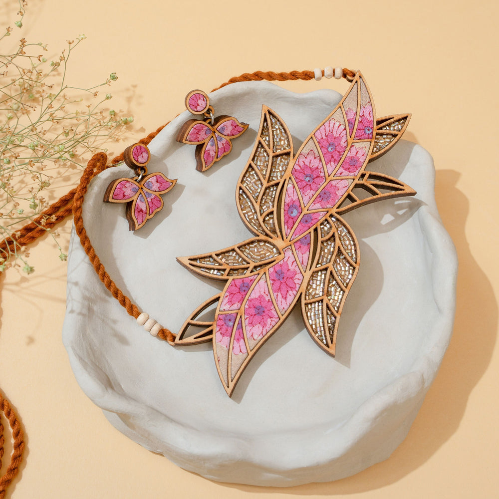 Pink Bloom Repurposed Fabric and Wood Leaf Earrings