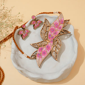 Pink Bloom Repurposed Fabric and Wood Leaf Earrings