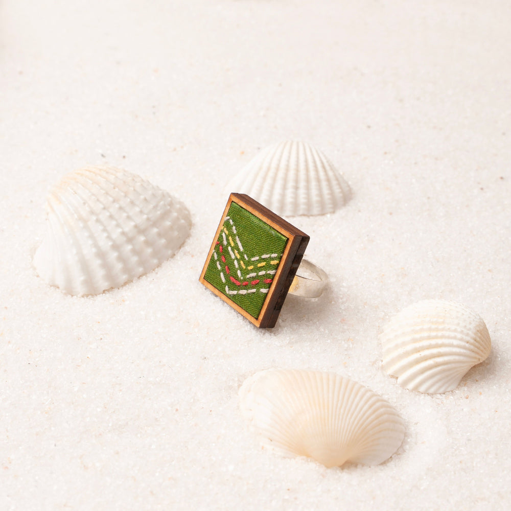Kantha Green Repurposed Silk Fabric and Wood Ring