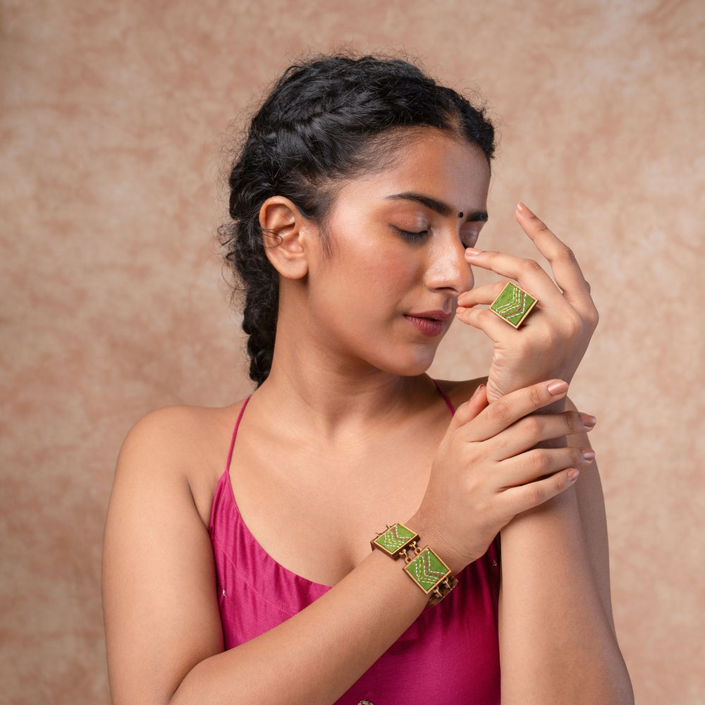 Kantha Green Repurposed Silk Fabric and Wood Ring