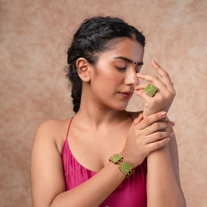 Kantha Green Repurposed Silk Fabric and Wood Ring