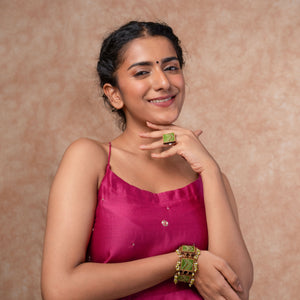 Kantha Green Repurposed Silk Fabric and Wood Ring