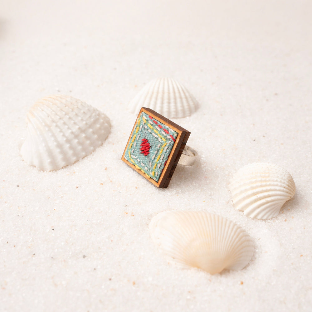 Kantha Columbia Blue Repurposed Silk Fabric and Wood Ring
