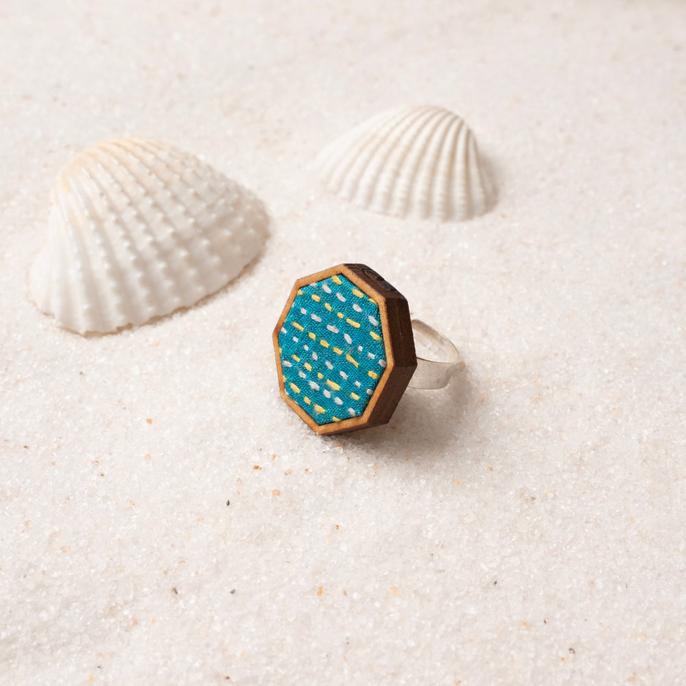Turquoise Kantha Repurposed Silk Fabric and Wood Ring