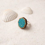 Turquoise Kantha Repurposed Silk Fabric and Wood Ring
