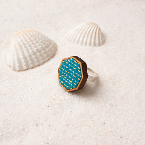 Turquoise Kantha Repurposed Silk Fabric and Wood Ring