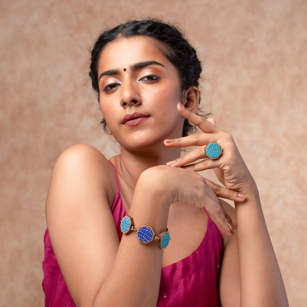 Turquoise Kantha Repurposed Silk Fabric and Wood Ring