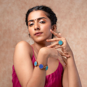 Turquoise Kantha Repurposed Silk Fabric and Wood Ring
