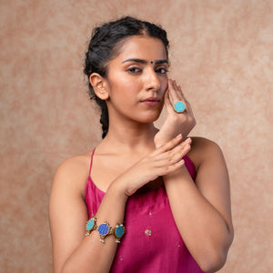 Turquoise Kantha Repurposed Silk Fabric and Wood Ring