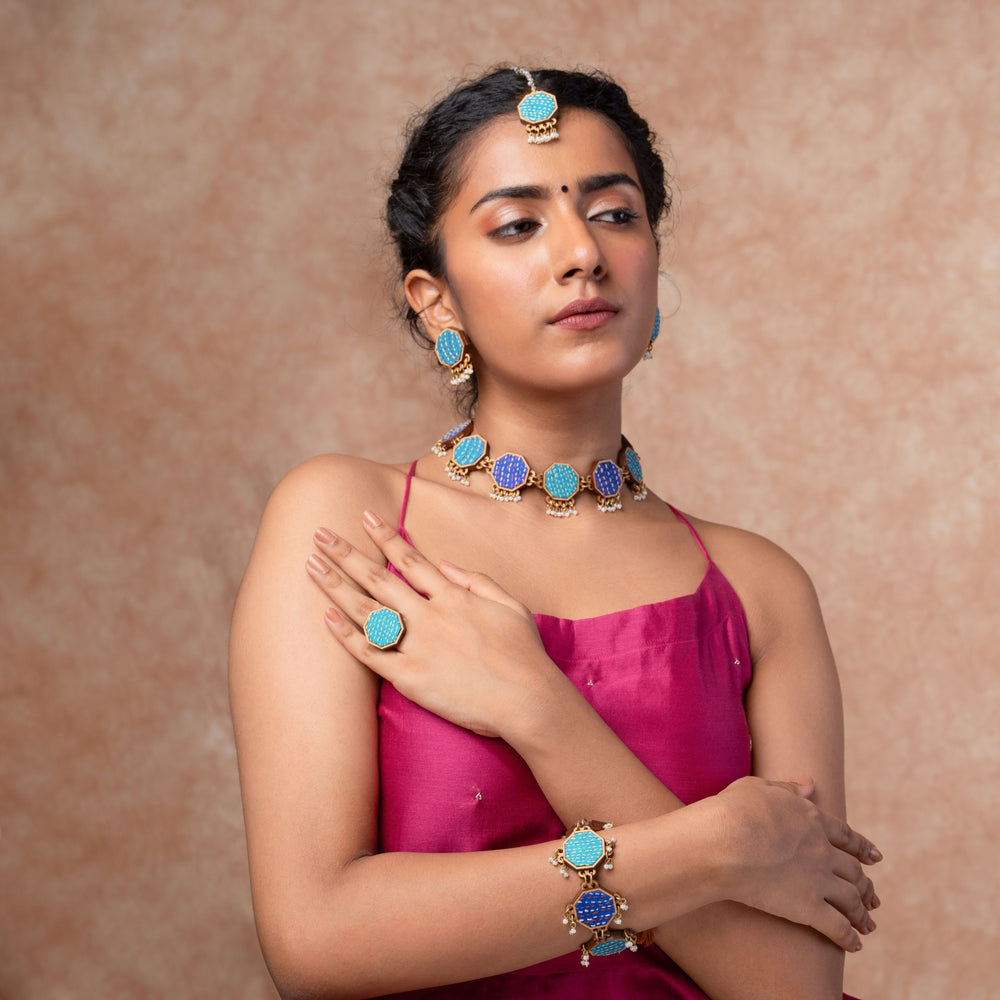 Turquoise Kantha Repurposed Silk Fabric and Wood Ring