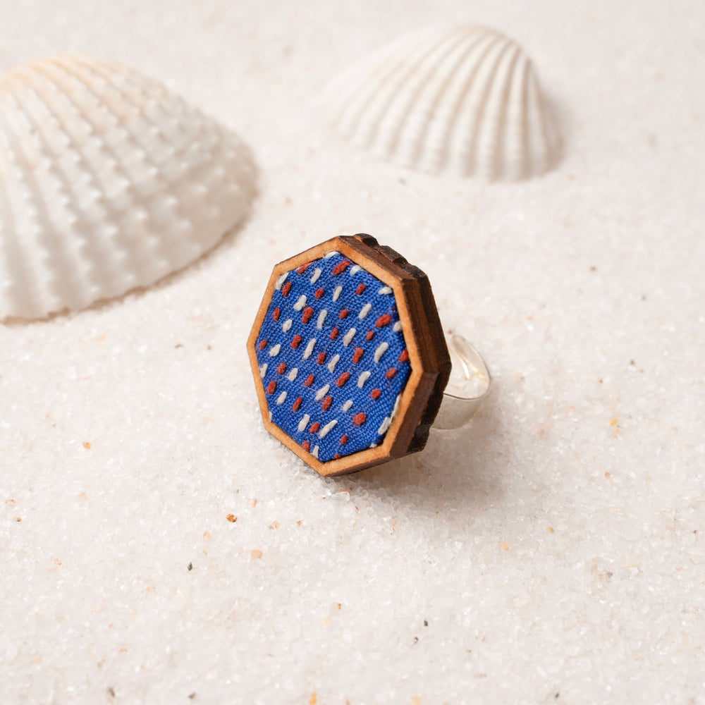 Blue Kantha Repurposed Silk Fabric and Wood Ring