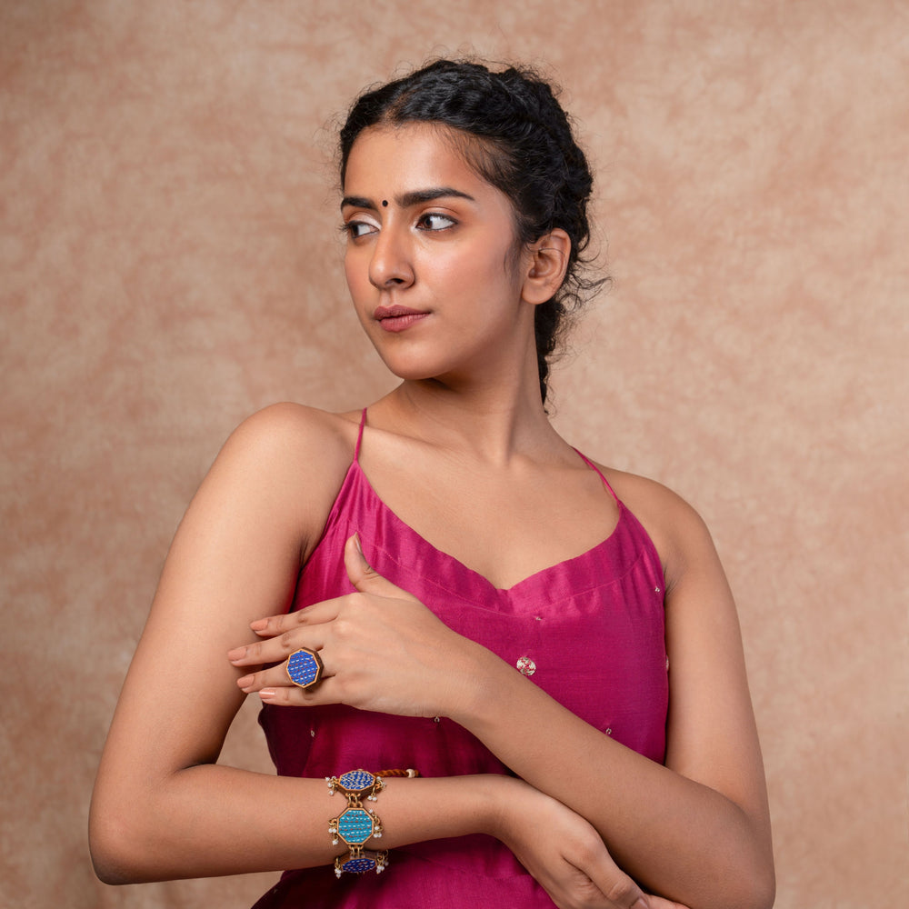 Blue Kantha Repurposed Silk Fabric and Wood Ring