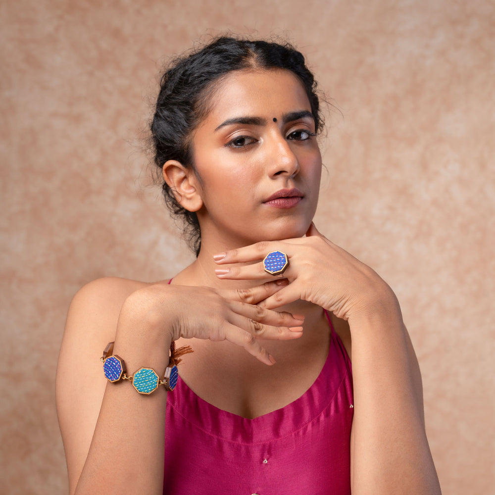Blue Kantha Repurposed Silk Fabric and Wood Ring