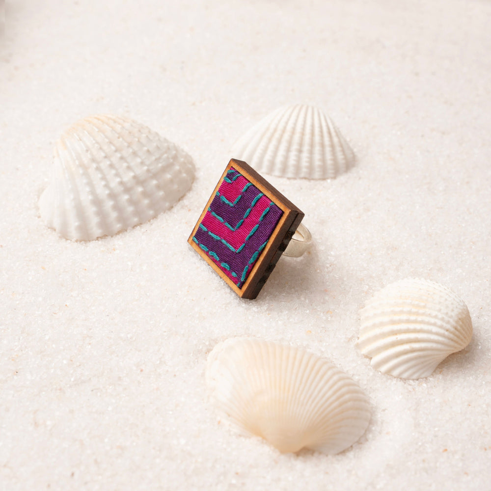 Pink Purple Kantha Repurposed Silk Fabric and Wood Ring