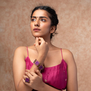 Pink Purple Kantha Repurposed Silk Fabric and Wood Ring