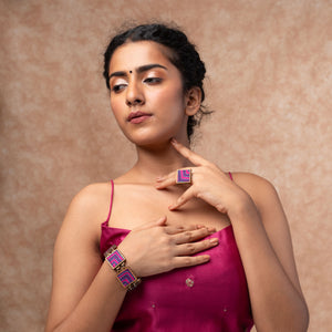 Pink Purple Kantha Repurposed Silk Fabric and Wood Ring