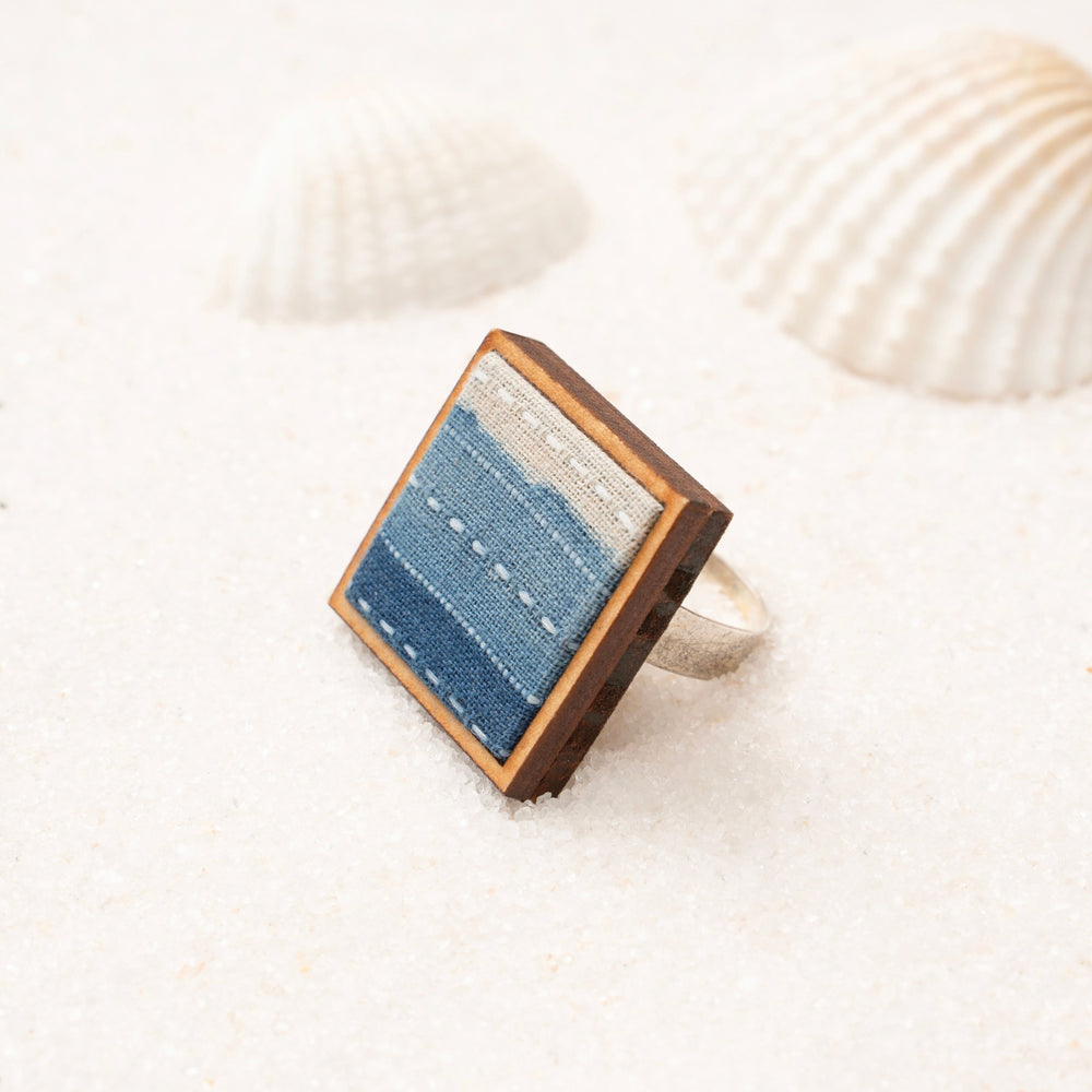 Shades of Indigo Blue Repurposed Fabric and Wood Square Ring