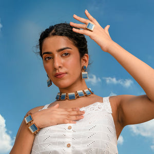 Shades of Indigo Blue Repurposed Fabric and Wood Square Ring