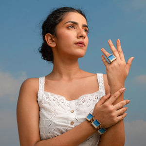 Shades of Indigo Blue Repurposed Fabric and Wood Square Ring