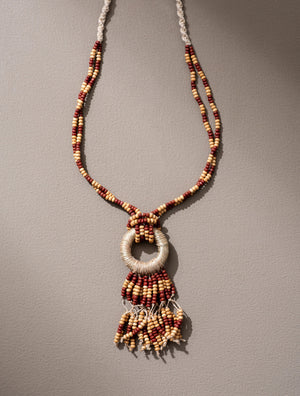 Adjustable Jute, Wooden Beads and Glass Beads Fringe Pendant Necklace