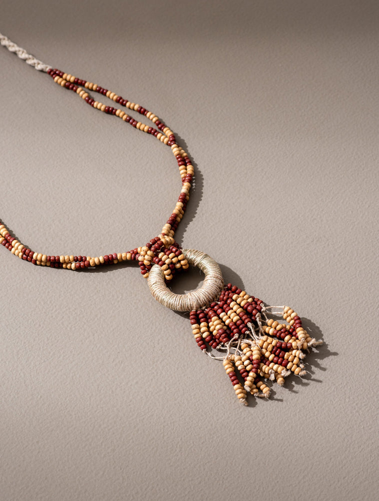 Adjustable Jute, Wooden Beads and Glass Beads Fringe Pendant Necklace