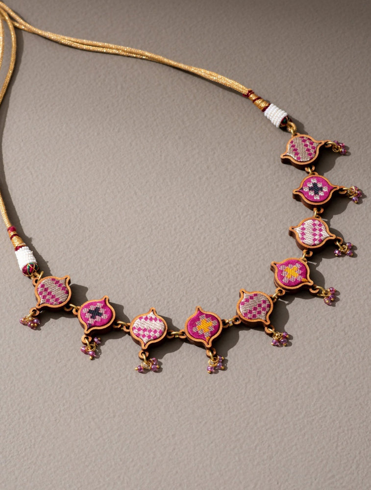 Pink Festive Upcycled Fabric and Wood Choker Necklace