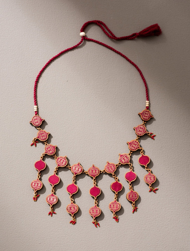 Red and Gold Festive Layered Upcycled Fabric and Wood Necklace