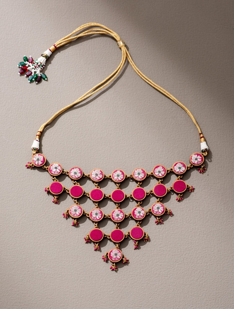 Pink Pure Banarasi Upcycled Fabric and Wood Adjustable Statement Necklace