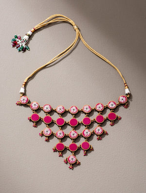 Pink Pure Banarasi Upcycled Fabric and Wood Adjustable Statement Necklace