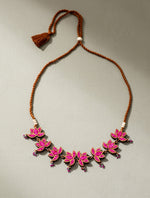 Pink Pure Georgette Bandhani Upcycled Fabric and Wood Choker Lotus Necklace