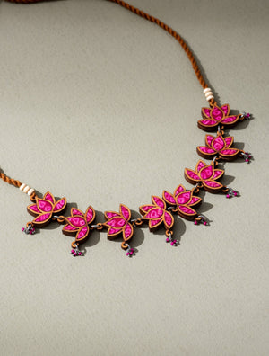 Pink Pure Georgette Bandhani Upcycled Fabric and Wood Choker Lotus Necklace