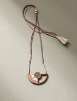 Beige and White Geometrical Fabric and Wood Adjustable Pendant Necklace