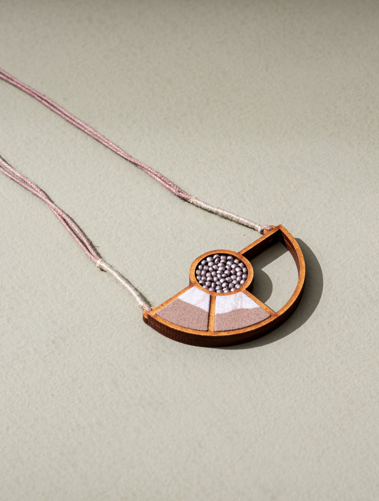 Beige and White Geometrical Fabric and Wood Adjustable Pendant Necklace