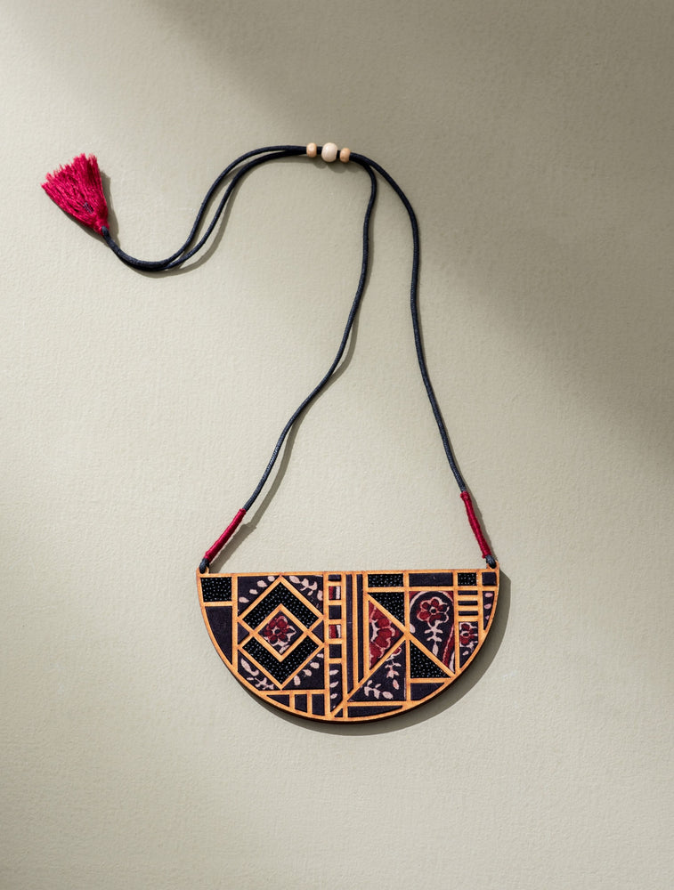 Black Upcycled Ajrakh Fabric and Repurposed Wood Maze Necklace