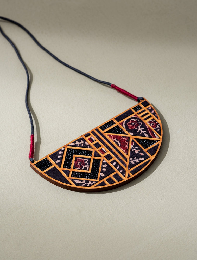 Black Upcycled Ajrakh Fabric and Repurposed Wood Maze Necklace