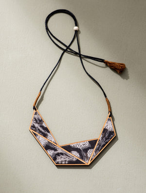 Black and Beige Kalamkari Repurposed Fabric and Wood Connecting Triangle Adjustable Necklace